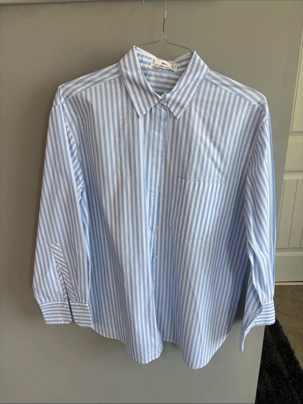 Mango Women's Light Blue and White Vertical Stripe Button-Down Shirt